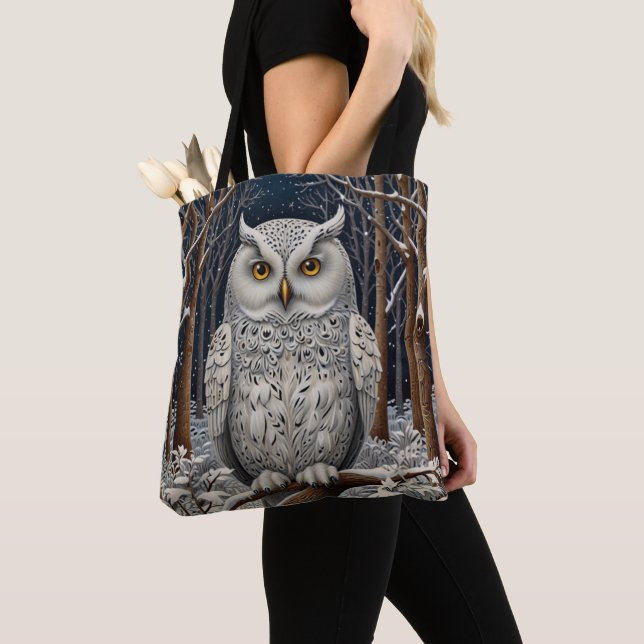 Tote Bag Élégante forêt d'hiver de chouette blanche boho (De près)