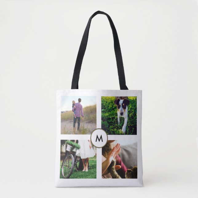 Tote Bag Élégante Grille de quatre photos blanche avec Mono (Devant)