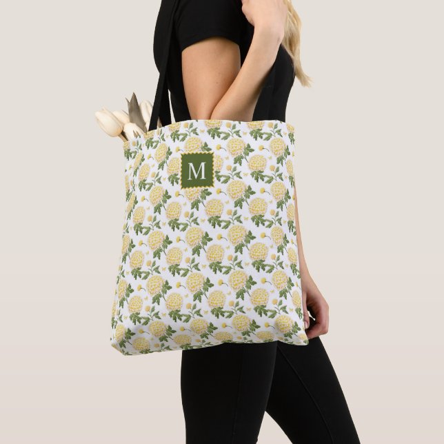 Tote Bag Élégante Hydragea Jaune Monogramme Floral (De près)