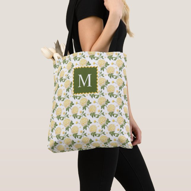 Tote Bag Élégante Hydragea Jaune Monogramme Floral (De près)