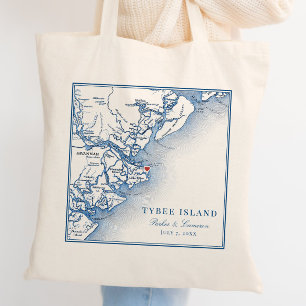 Tote Bag Elégante Île Tybee Géorgie Carte Marine Mariage bl