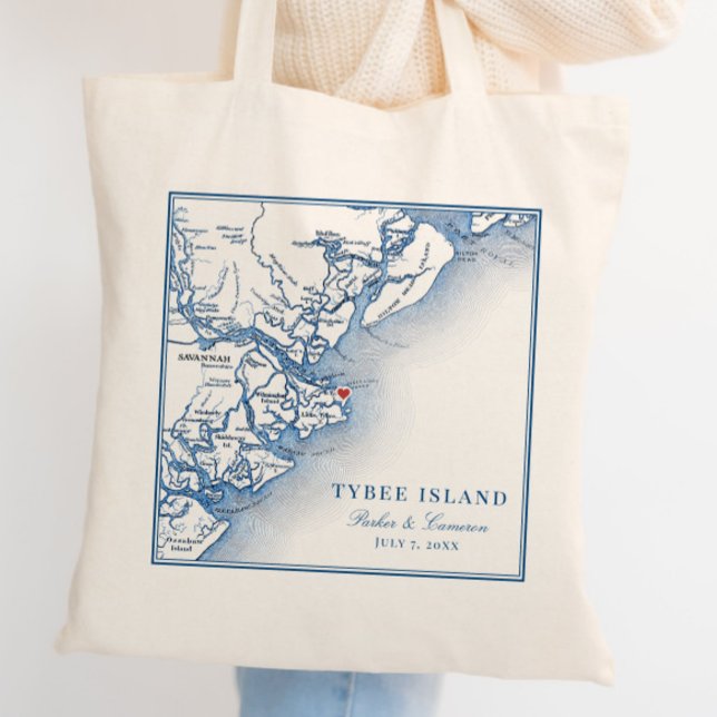 Tote Bag Elégante Île Tybee Géorgie Carte Marine Mariage bl (Tybee Island Georgia personalized wedding tote bag favor with an elegant navy blue map or Georgia)