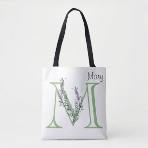 Tote Bag Elégante lettre alphabet M Lavender Eucalyptus