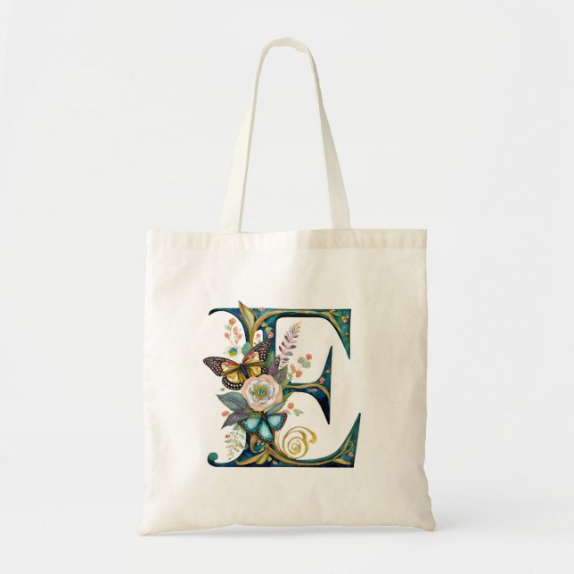 Tote Bag Élégante lettre florale bohème E (Devant)