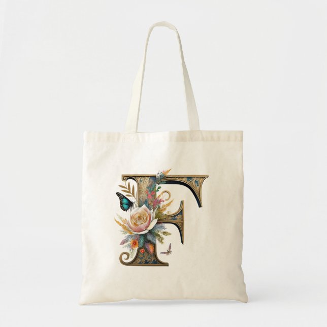 Tote Bag Élégante lettre florale bohème F (Devant)