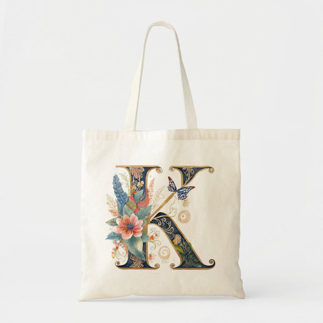 Tote Bag Élégante lettre florale bohème K (Devant)