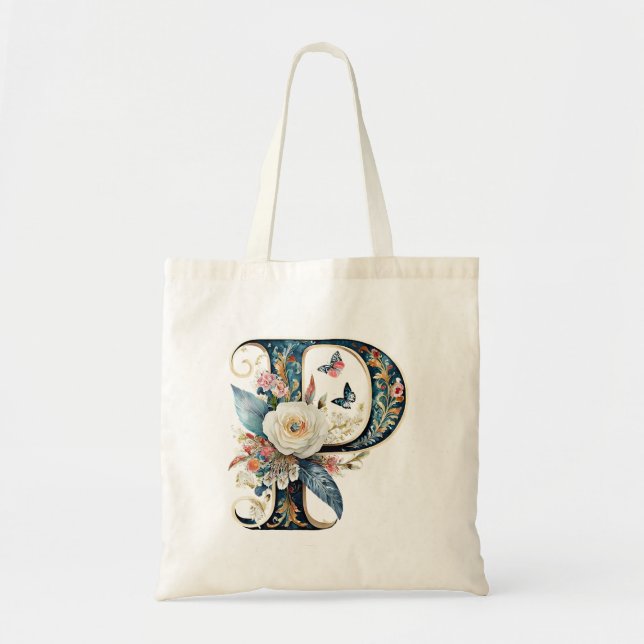 Tote Bag Élégante lettre florale bohème P (Devant)