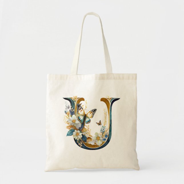 Tote Bag Élégante lettre florale bohème U (Devant)