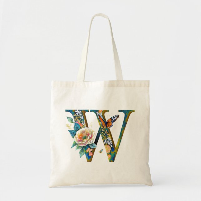 Tote Bag Élégante lettre florale bohème W (Devant)