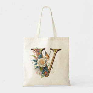 Tote Bag Élégante lettre V florale bohème