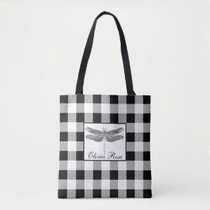 Tote Bag Élégante libellule blanche noire en vichy noire