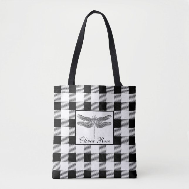 Tote Bag Élégante libellule blanche noire en vichy noire (Devant)