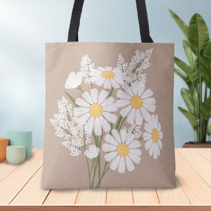 Tote Bag Elégante marguerite florale blanche sur beige