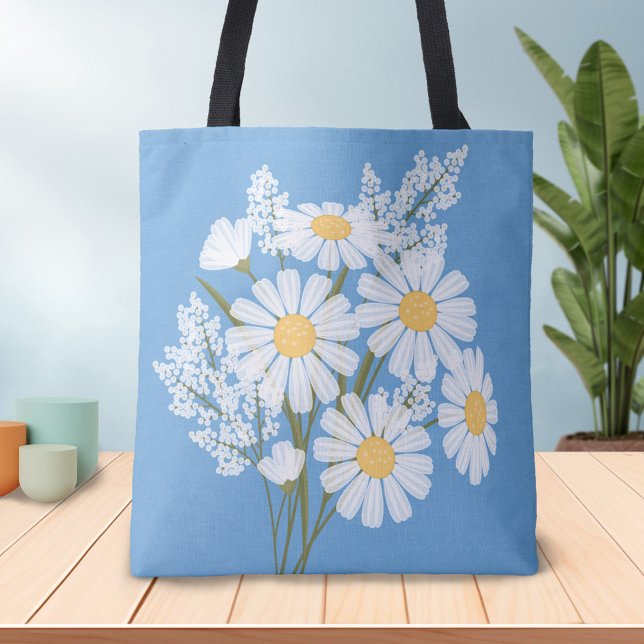 Tote Bag Elégante marguerite florale blanche sur bleu (Créateur téléchargé)