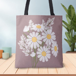 Tote Bag Élégante marguerite florale blanche sur rose