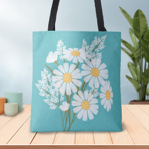 Tote Bag Elégante marguerite florale blanche sur Turquoise