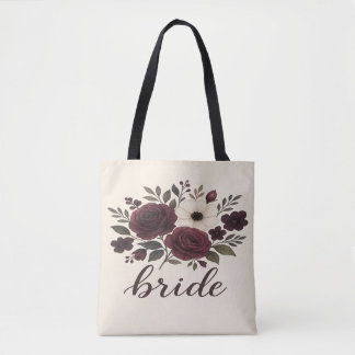 Tote Bag Élégante mariée florale bordeaux 