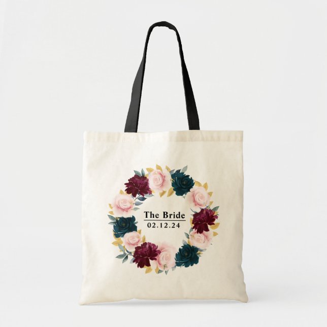 Tote Bag Élégante Mariée personnalisée rose floral (Devant)