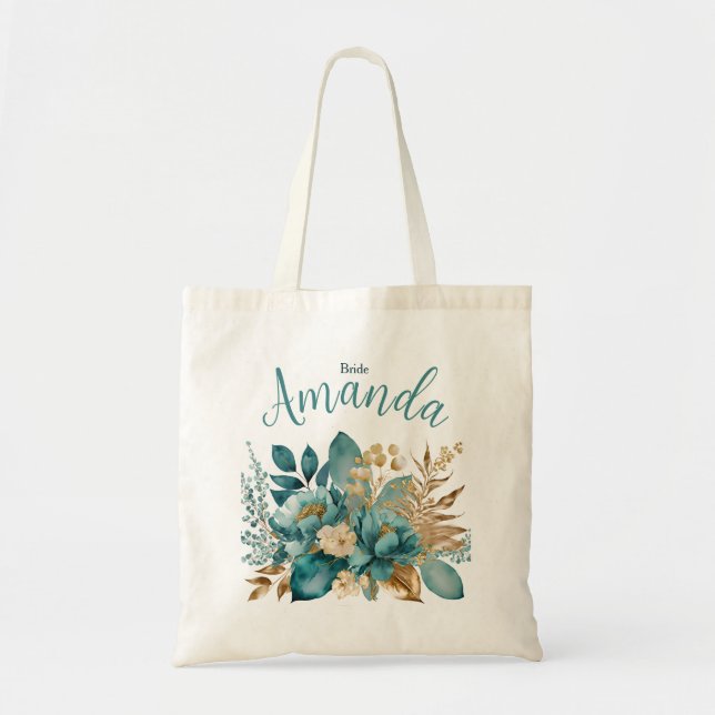 Tote Bag Elégante mariée Turquoise et or Floral (Devant)