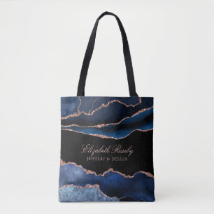 Tote Bag Élégante Marine Blue Rose Gold Agate Geode Busin