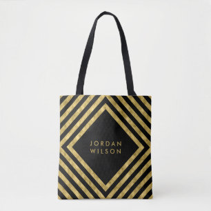 Tote Bag Elégante Noir Faux Gold Lignes Carrés géométriques