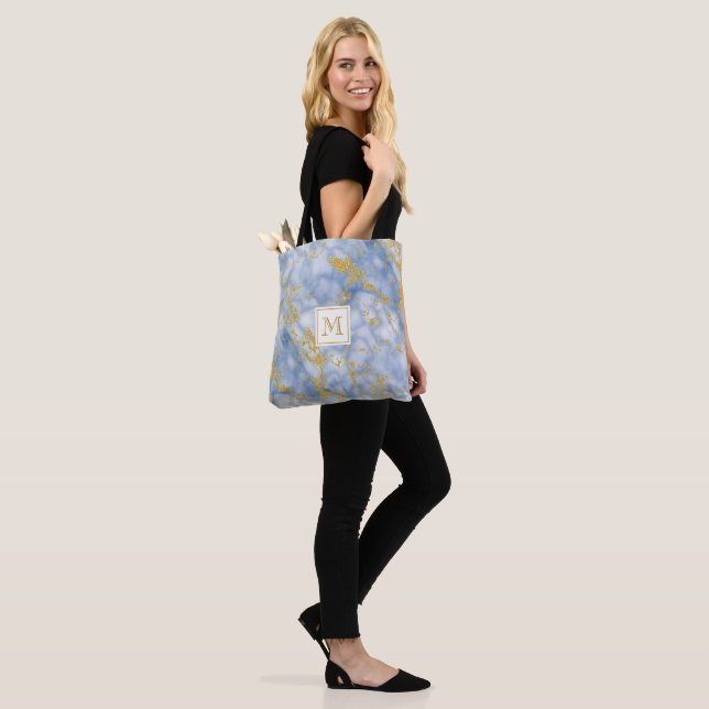 Tote Bag Elégante Parties scintillant en marbre bleu Monogr (Sur le modèle)