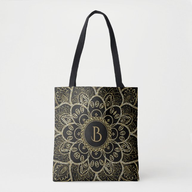 Tote Bag Elégante Parties scintillant Or Floral Mandala sur (Devant)