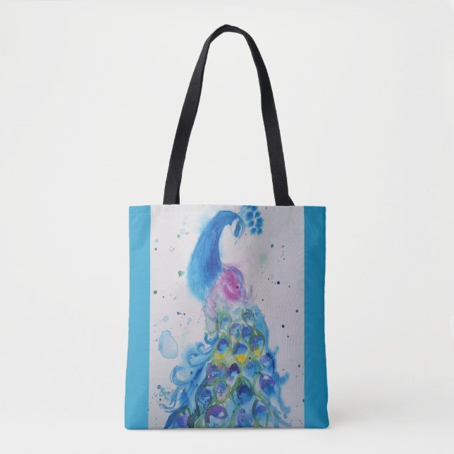 Tote Bag Elégante Peacock Aquarelle Bleu Peinture Femmes (Devant)