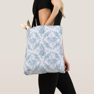 Tote Bag Elégante toile florale blanche et bleue gravée