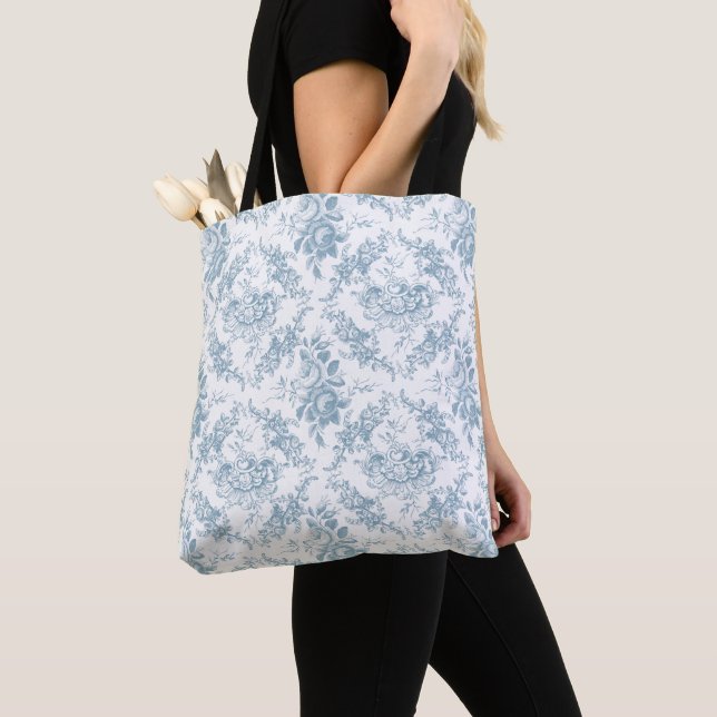 Tote Bag Elégante toile florale blanche et bleue gravée (De près)