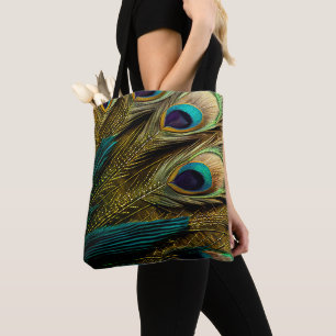 Tote Bag Elégante Turquoise Abstraite Plumes Peacock Or