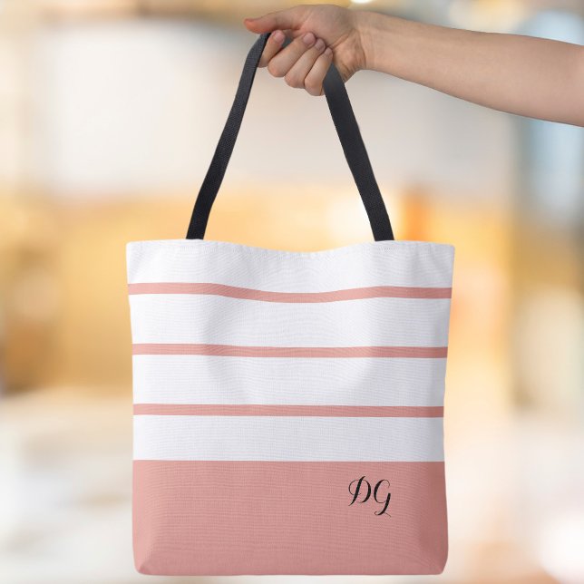Tote Bag Élégantes initiales monogramme en bandes modernes  (Elegant Modern Bold Stripes Monogram Initials Pink & White Canvas Shopping Shoulder Tote Bag)