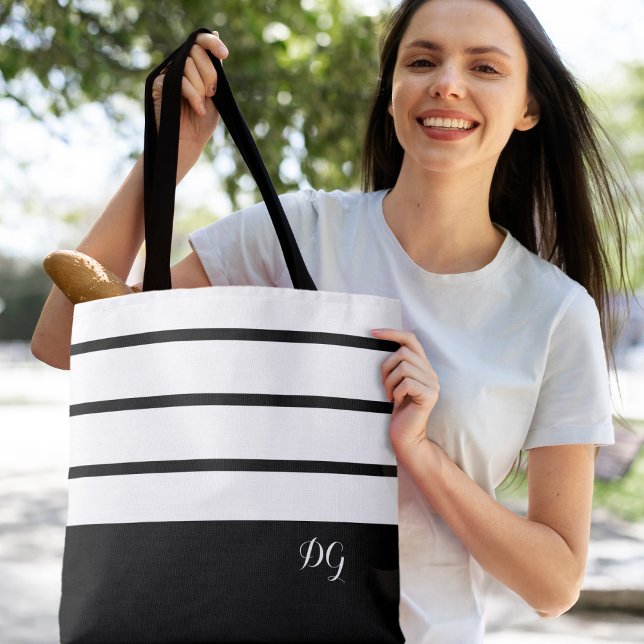 Tote Bag Élégantes Initiales Monogramme Rayure Moderne Gras (Elegant Modern Bold Stripes  Monogrammed Initials Black & White Canvas Shopping  Stylish Tote Bag
)