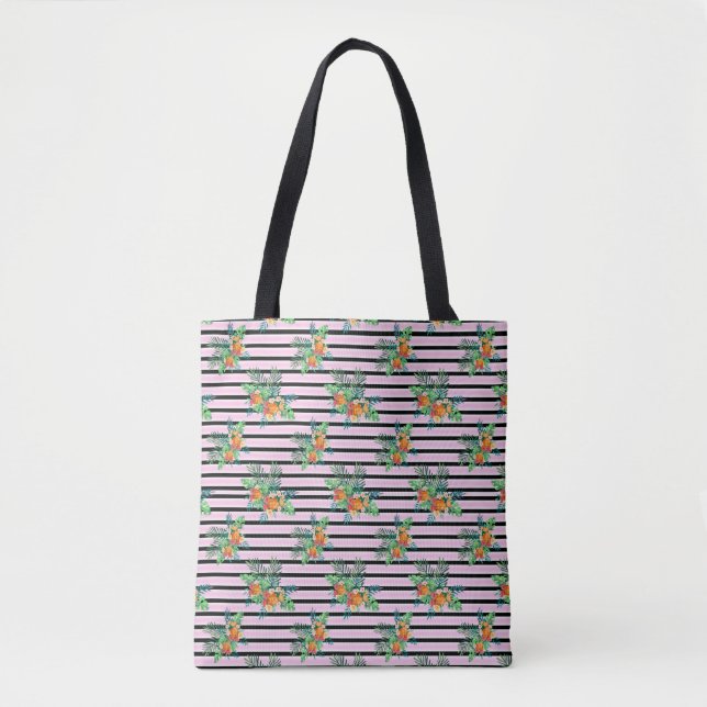 Tote Bag Elégantes rayures florales - Fleur noire et rose (Devant)