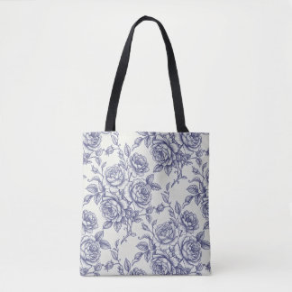 Tote Bag Élégantes roses florales bleues crème Toile de Jou