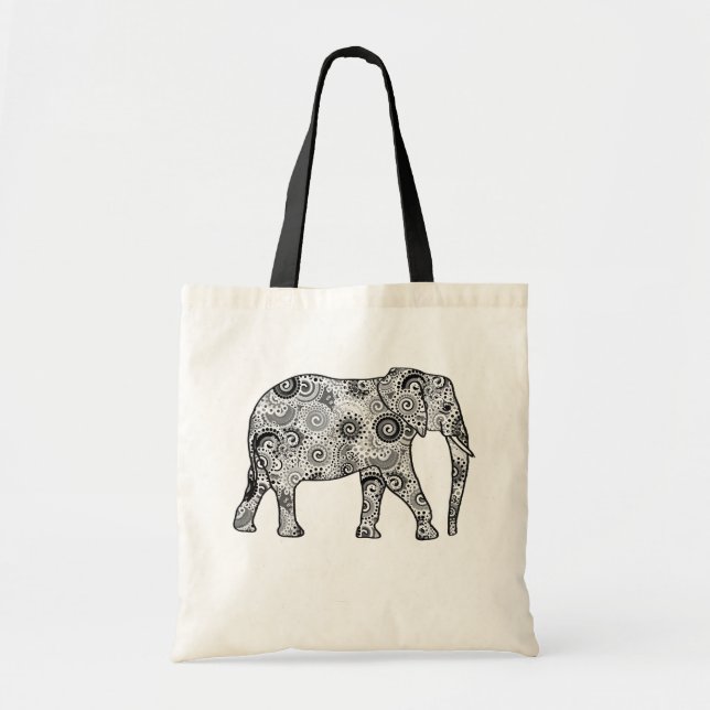 Tote Bag Éléphale tourbillon fractal, gris, noir et blanc (Devant)