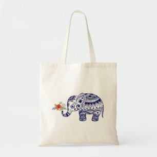 Tote Bag Eléphant Bleu Cute Apportant Des Fleurs Colorées
