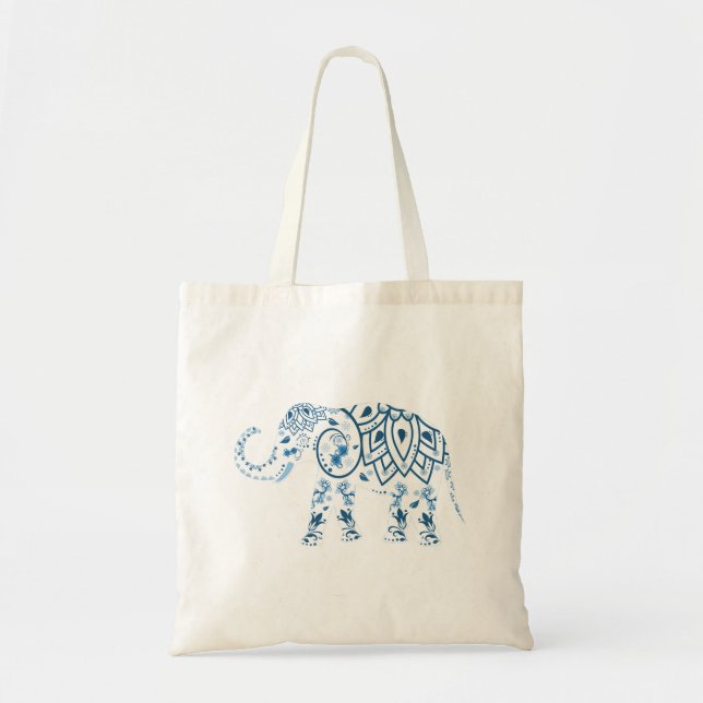 Tote Bag Éléphant Bleu Orné à Motifs (Devant)