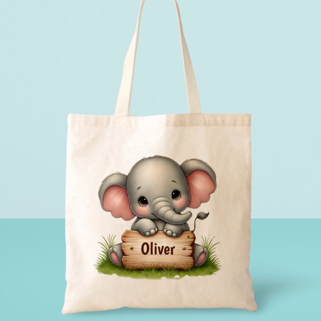 Tote Bag Éléphant de bébé mignon tenant un panneau de nom (Créateur téléchargé)