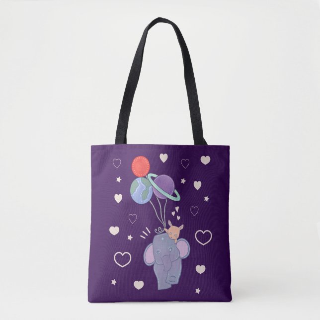 Tote Bag Éléphant et Lapin Montgolfière Spatiale | Fantaisi (Devant)