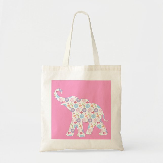 Tote Bag Eléphant - Fleurs d'Aquarelle Motif rose unique (Devant)