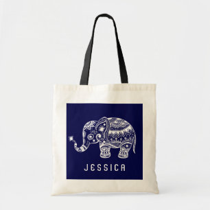Tote Bag Eléphant floral bleu marine et blanc