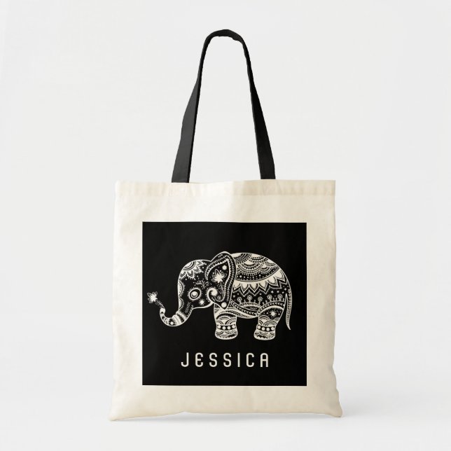 Tote Bag Eléphant Floral Noir Et Blanc (Devant)