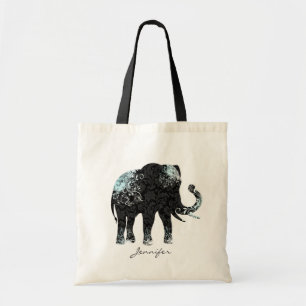 Tote Bag Eléphant floral noir et bleu