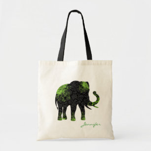 Tote Bag Eléphant floral noir et vert