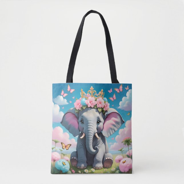 Tote Bag Éléphant Mignon avec une couronne de fleurs (Devant)