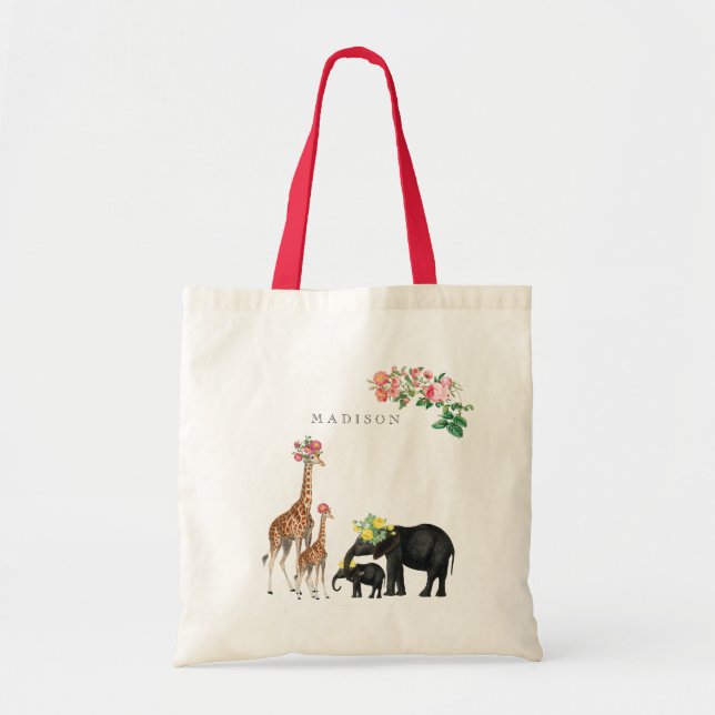 Tote Bag Eléphant mignon et girafe Floral Nom personnalisé (Devant)