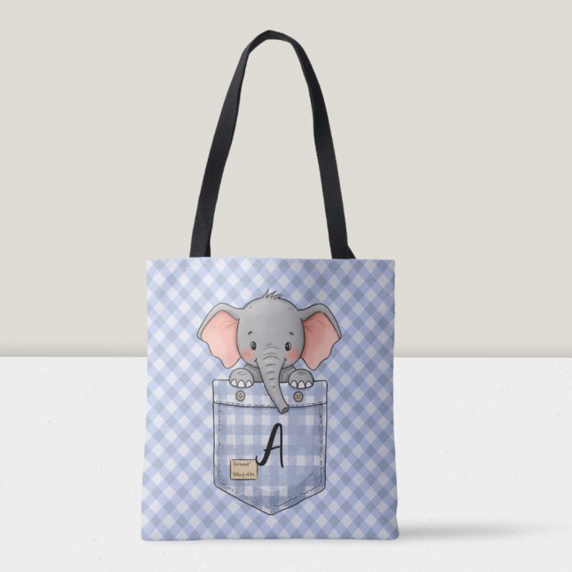 Tote Bag Éléphant Mignon Sortant de Poche à Carreaux  (Créateur téléchargé)