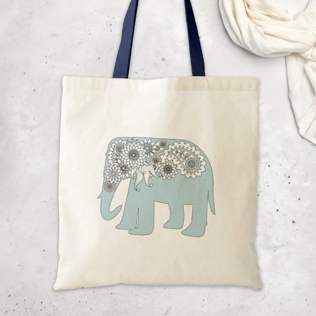 Tote Bag Éléphant Paisley Bleu Bohème Chic (Créateur téléchargé)