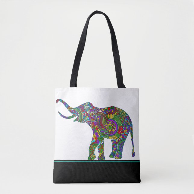 Tote Bag Eléphant Paisley Coloré Sur Noir & Blanc (Devant)